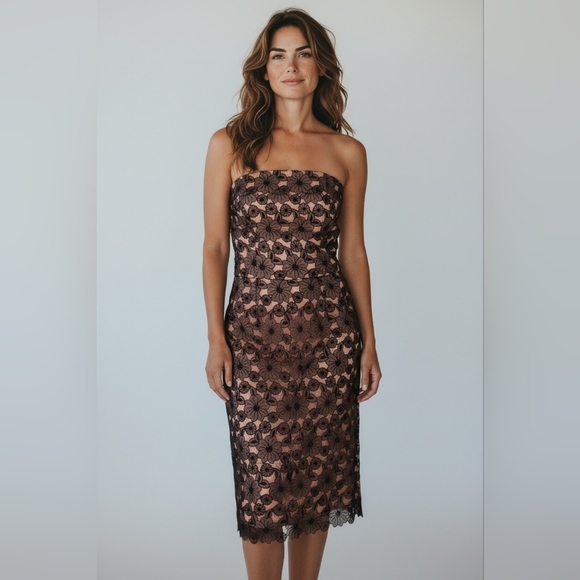 Mark Shale Dresses & Skirts - Mark Shale Strapless Black & Brown Organza Lace Overlay Lined Dress Misses 8